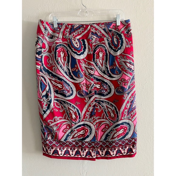 Pink‎ floral Red Paisley Print Knee Length Career Pencil Skirt 12 boho cottage - Picture 2 of 5